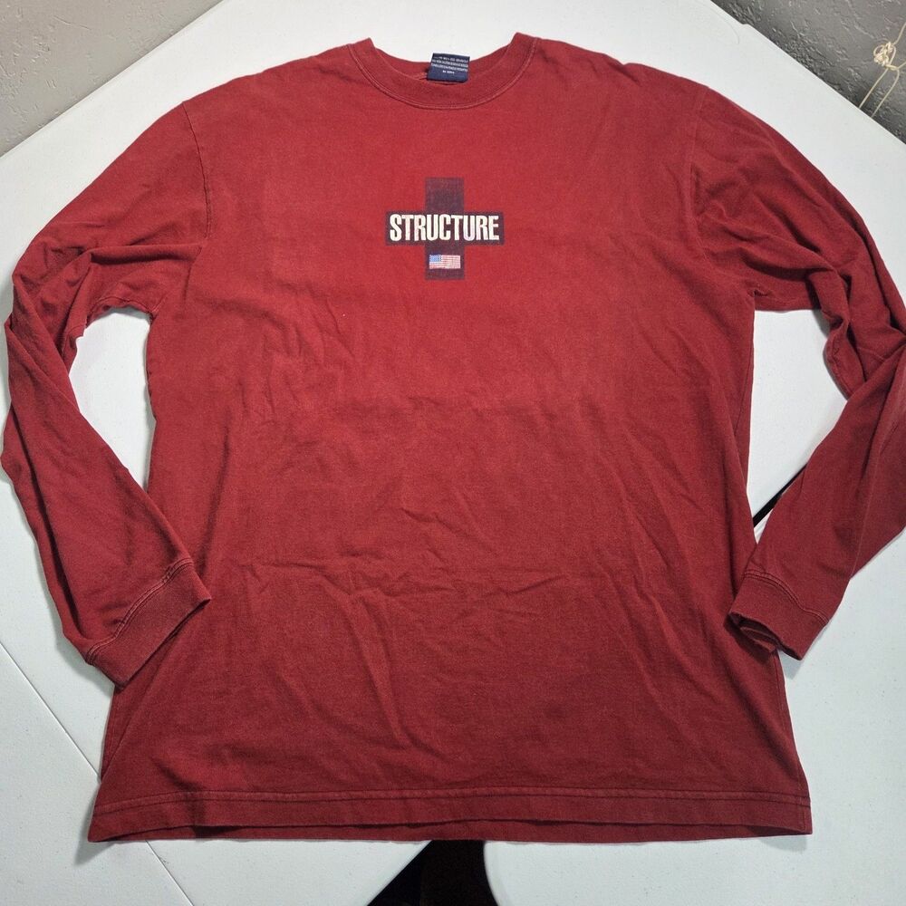 Vintage Structure Cross Flag Long Sleeve Shirt Mens M Maroon 90s Streetwear Top